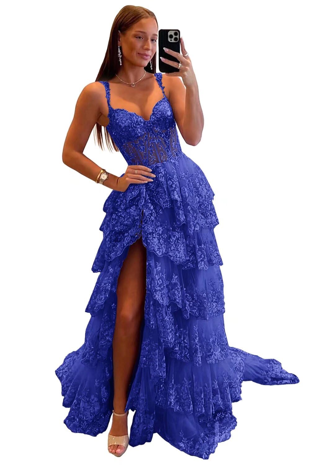 Sparkly Tiered Lace Tulle Prom Dresses Long Spaghetti Straps Formal Evening Party Gown