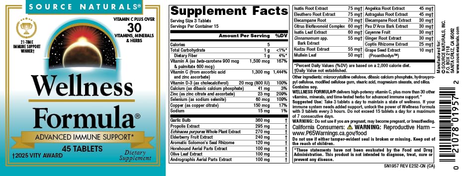 Source Naturals Wellness Formula Bio-Aligned Vitamins - Immune System Support Supplement & Immunity Booster* - 45 Tablets - Image 5