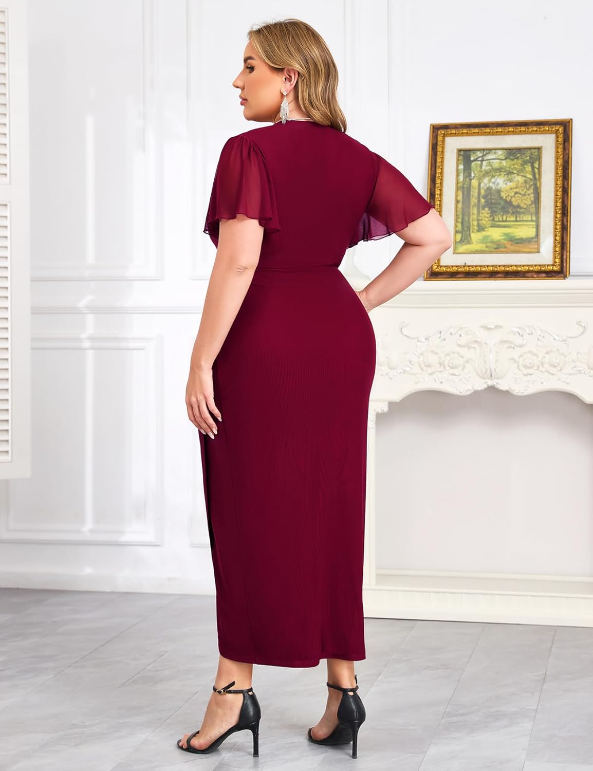 ZOMVA Plus Size Bodycon Formal Dress Sparkly V-Neck Wrap Midi Ruffle Sleeves Cocktail Prom Glitter Wedding Guest Dress - Image 5