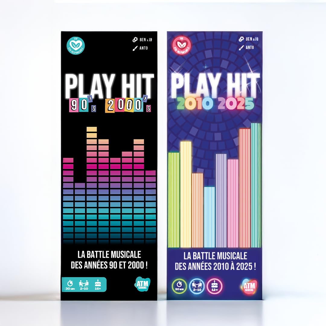 ATM Gaming Play Hit - Lot des 2 Versions - Jeux de Société - Quiz Musiques des Années 90 à 2010 et 2010 à 2025 - Parfait pour Mettre l'ambiance - Jeux de Cartes - Amis et Famille - 2 à 10 Joueurs
