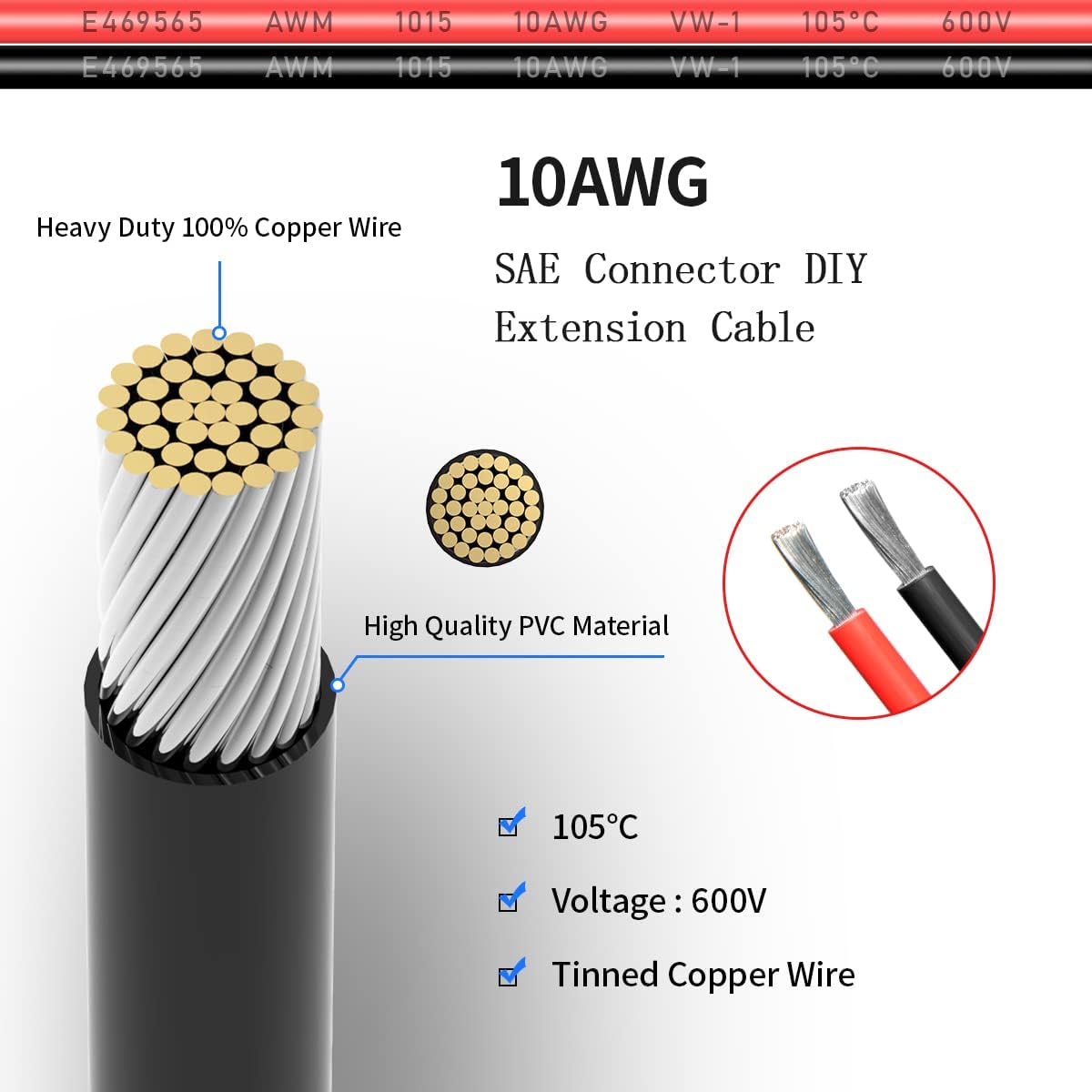 ELFCULB Câble pince crocodile vers joint torique 10 AWG 3 m avec fusibles
