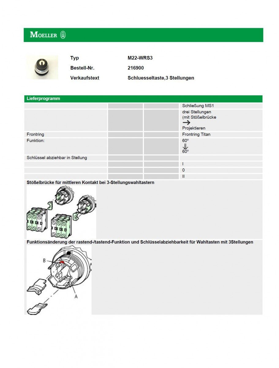 EATON M22-WRS3 Selector de Llave, 3 Posiciones, con Enclavamiento, 3.0cm x 3.0cm x 7.0cm, Caja de 5