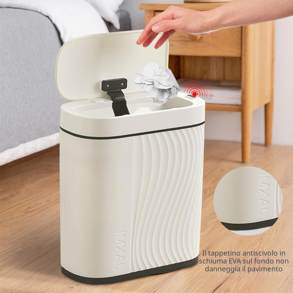 Pattumiera da Bagno con Sensore e Tecnologia Sensore, Senza Contatto e Impermeabile, per Ufficio e Bagno, Pattumiera con Coperchio e Funzione Anti-Rumore (Bianco, 8L)