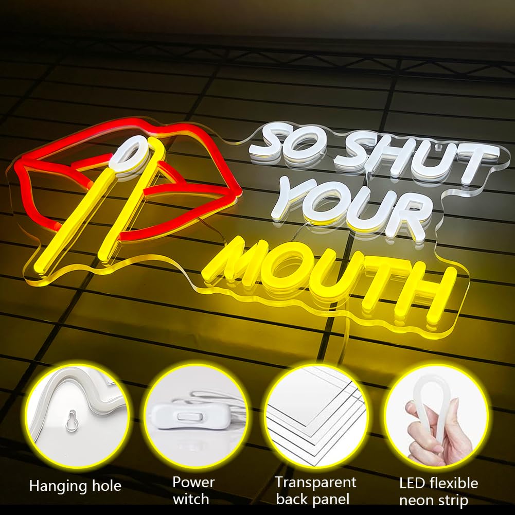 Enseigne Néon 'So Shut Your Mouth' - LED Rouge, Alimentation USB, 41x20cm