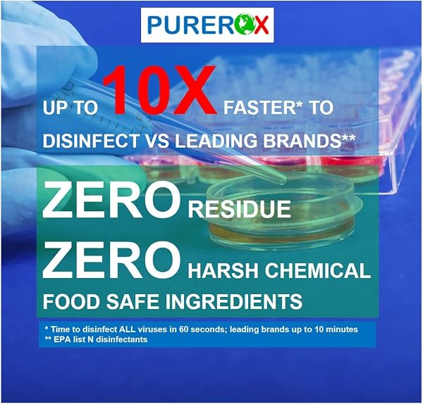 Close-up of PUREROX disinfectant bottles, highlighting the 16oz size and 2-pack packaging.