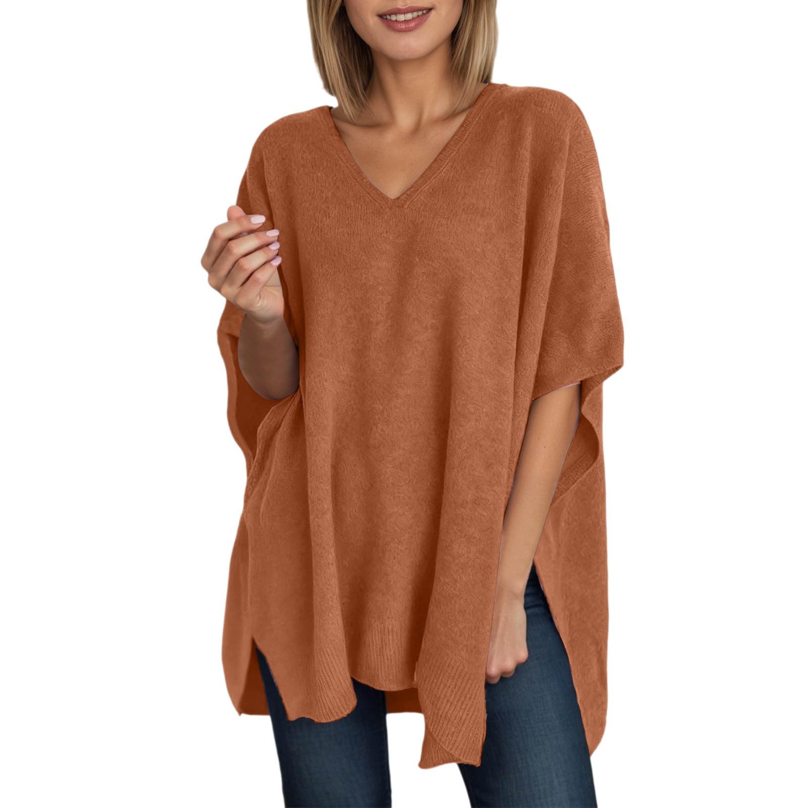 Womens V Neck Poncho Sweater Side Slit Knit Short Batwing Sleeve Pullover Tops Casual Loose Fit Shawl Wrap