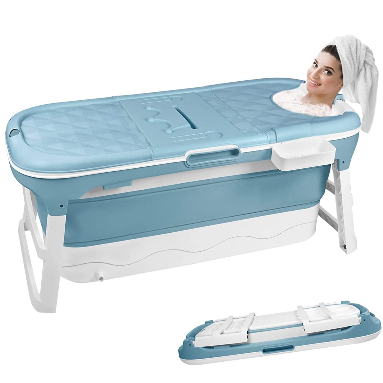 XMTECH Składana wanna dla dorosłych, wolnostojąca wanna do łazienki, 128 x 60 x 53 cm, przenośna, składana wanna XL, z półką na wannę i rolkami do masażu, do małej łazienki i na zewnątrz
