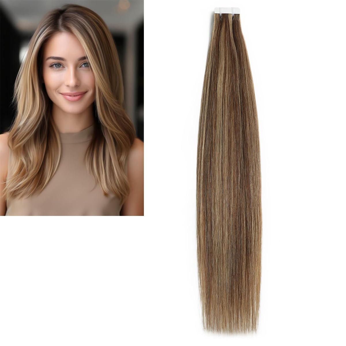 Doczepiane włosy na taśmie, prawdziwe włosy, blond, pasemka średniobrązowe, gładkie włosy Remy, z taśmą, 20 sztuk, 50 g, 40 cm