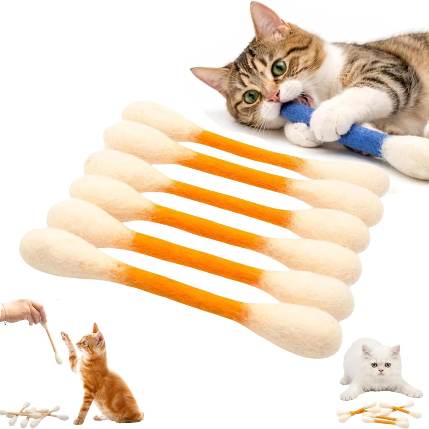 SANJSJHXJ Giant Cotton Bud Cat Toy & Cotton Swabs 6 Pack, Interactive Kitten Dental Chew Catnip Toys for Boredom,Orange