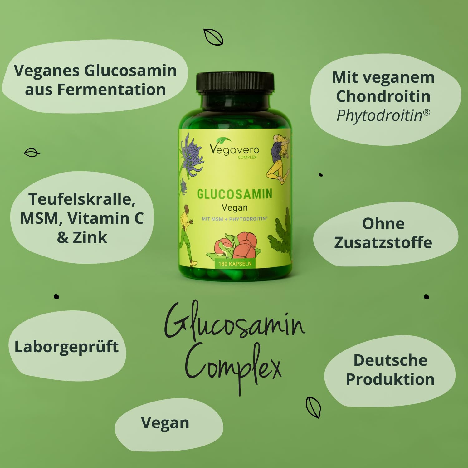 Glucosamin Chondroitin Complex Vegavero | 100% Vegan | Mit MSM, Phytodroitin, Teufelskralle, Vitamin C, Zink | Für Gelenke & Knochen* | 180 Kapseln | Ohne Zusatzstoffe | Deutsche Produktion
