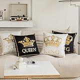 TAOSON Pack of 4, Black White Gold Queen King Pattern Home Decorative Throw Pillow Covers Gold Foil Pillow Covers Square Cushion Covers Decor Couch Sofa Bedroom 18 ×18 Inch S01412
