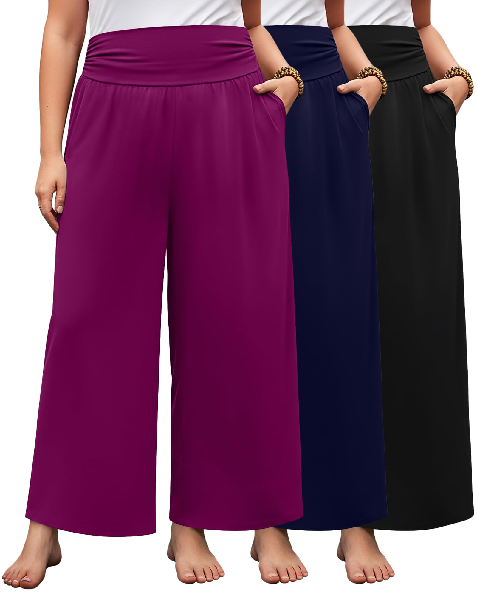 3 Pack Womens Plus Size Wide Leg Pants High Waisted Lounge Palazzo Cropped Pants Casual Loose Pajama with