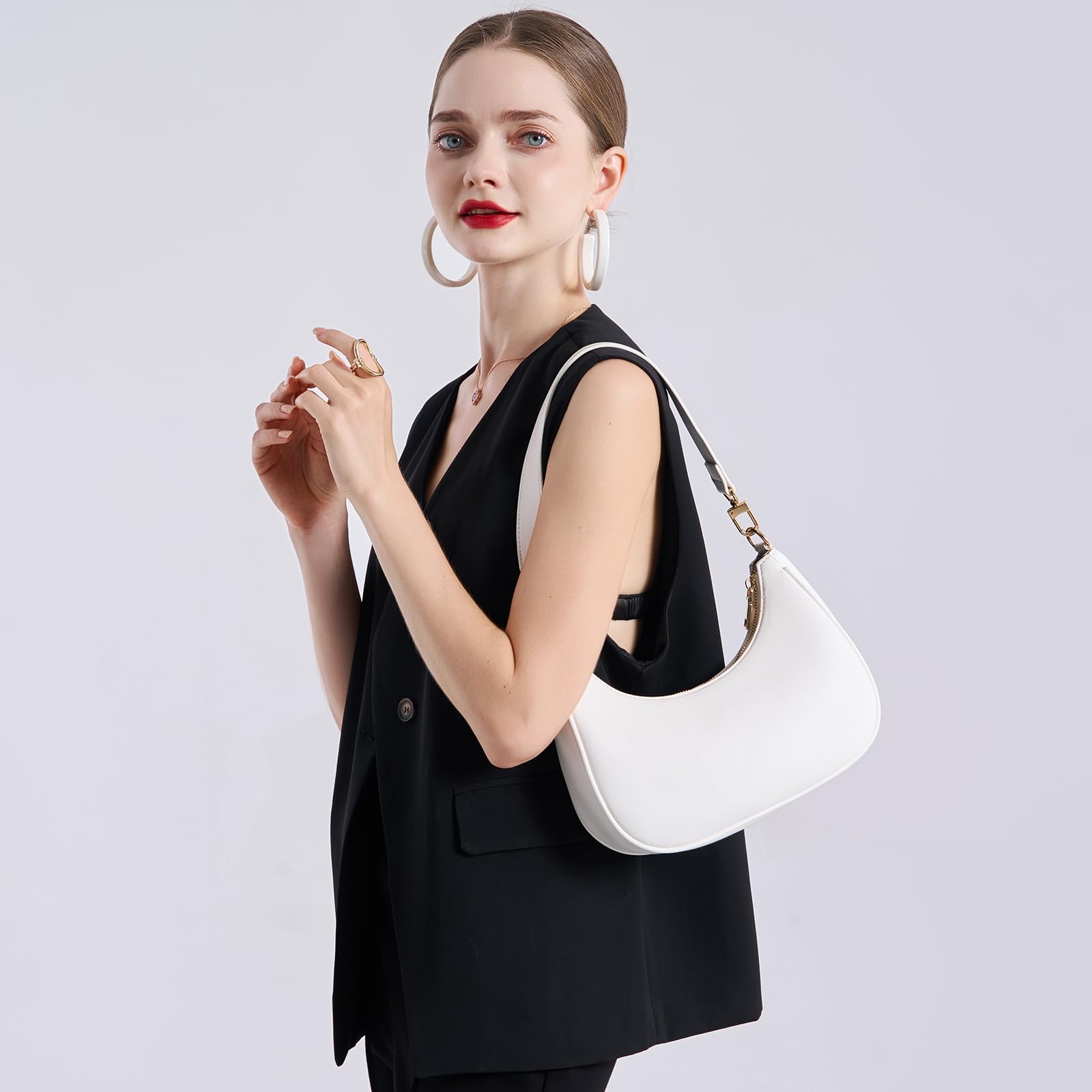 Women's Shoulder Bags Cute Hobo Purses Vintage Handbags with Zipper Lightweight Underarm for Dating Shopping Gift (White) view 2