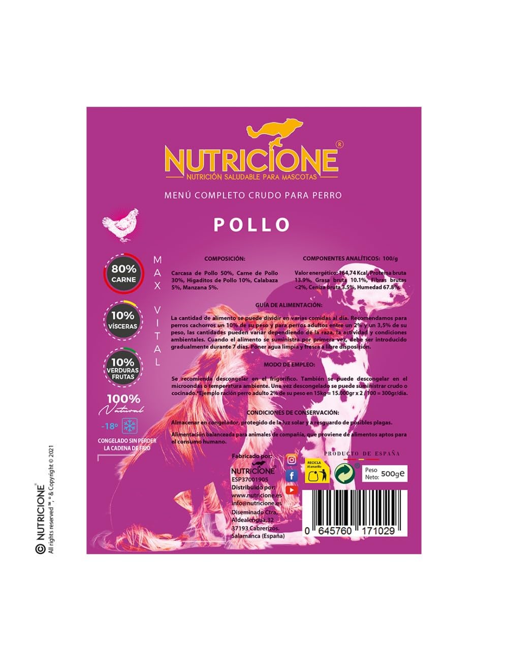 Barf | Menú de Pollo para Perros - 6kg Congelada (12 Paquetes de 500g)