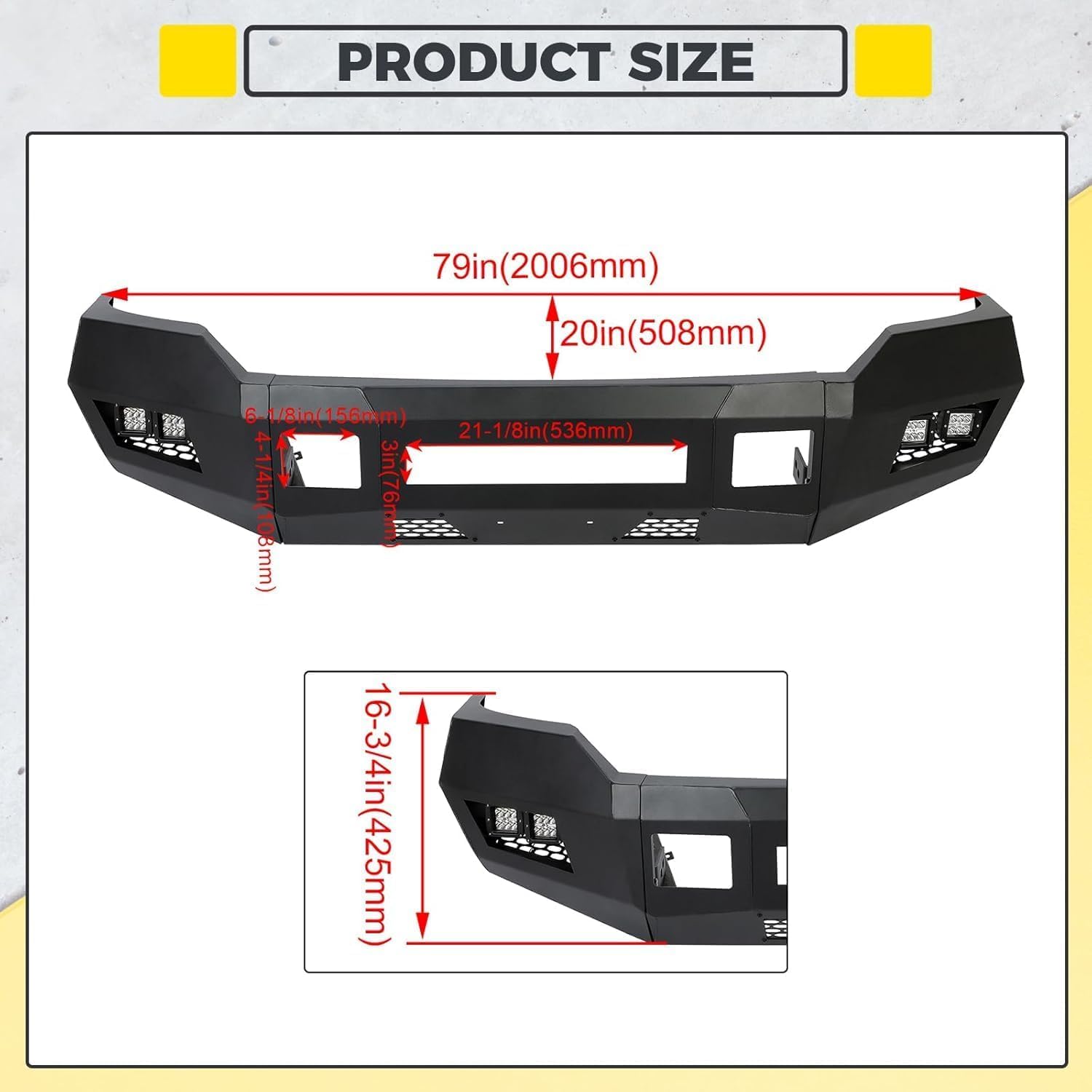 KUAFU Front Bumper Compatible with 2011-2016 Ford F250 F350 Super Duty W/Cube LED Lights Steel Powder Coated Black 3 Pcs (Two Packages)