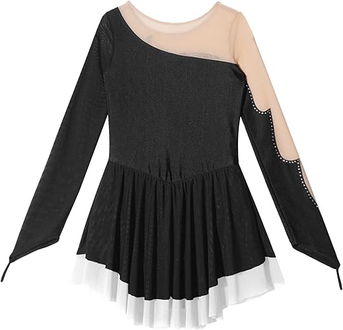 Miniatura 4 de JEATHA Vestido de patinaje sobre hielo con diamantes de imitación, malla de empalme, tutú, falda de leotardo, vestido de baile