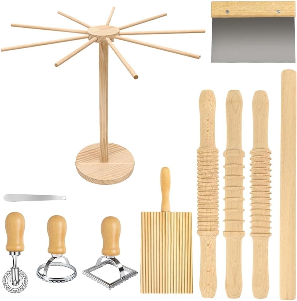 Rotatable Pasta Drying Rack, Wooden Pasta Making Kit with Threaded Rolling Pins, Long Rolling Pin, Pasta Making Tools