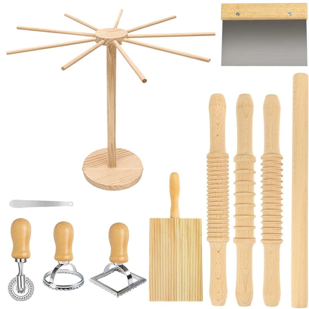 Strumenti per la Preparazione della Pasta - Kit in Legno Include Mattarelli Filettati, Mattarello Lungo e Stendibiancheria Rotante.