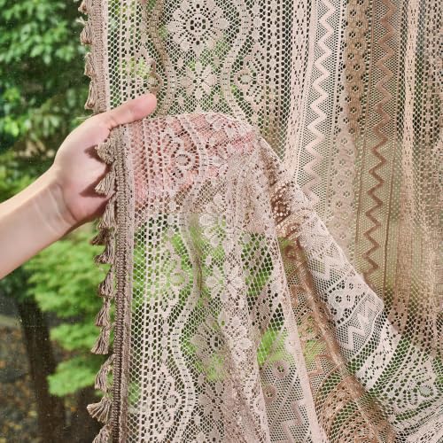 Image of MYSKY HOME Brown Boho Lace Sheer Curtains with Tassels 72 Inch Length 2 Panels Vintage Floral Bohemian Rustic Crochet Geometry Striped Rod Pocket Drapes for Living Room Bedroom, 55 inch Wide