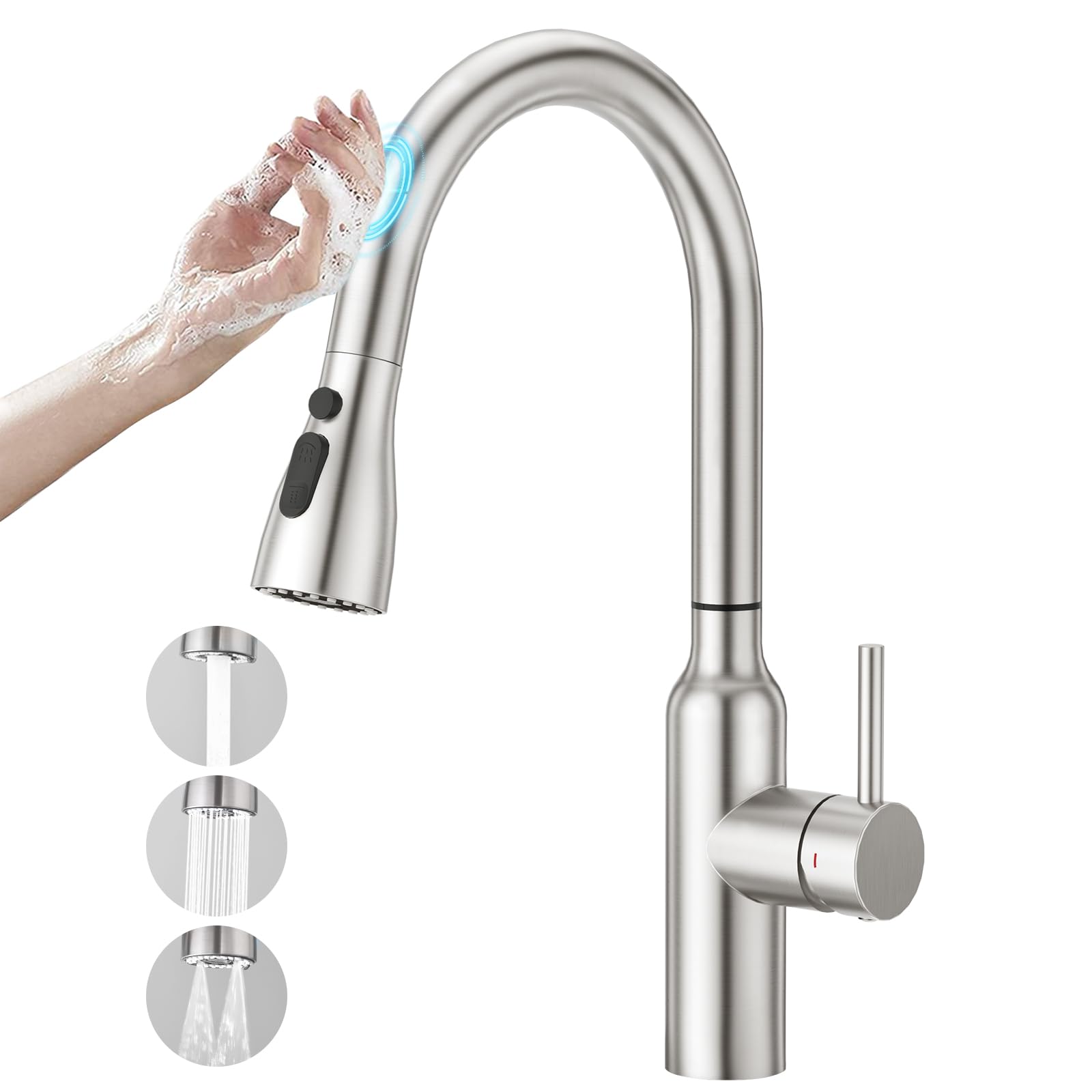 CREA Touch Sensor High Arch Kitchen Sink Mixer Tap with Pull Out Spray, Single Lever Kitchen Tap with 3 Functions 360° Swivel Extendable Spout Brushed, Stainless Steel UK Standard
