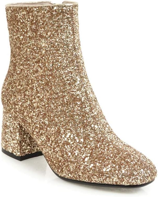 Elyffany Womens Mid Block Heel Glitter Ankle Boots Ladies Zipper Party Prom Booties