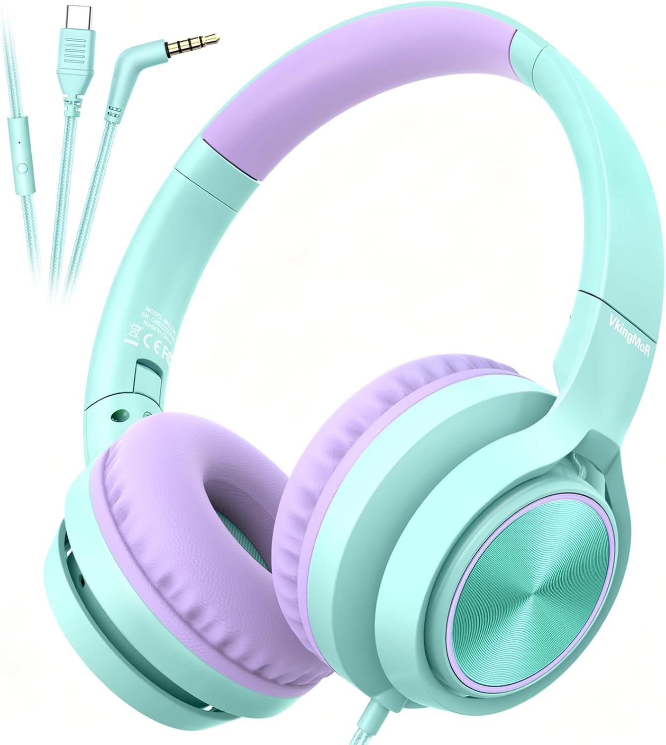 Kids Headphones for School Travel, Upgrade USB Type C Safe Volume 94dB, with Mic HD Stereo Sound Foldable On-Ear Headphones for Boys/Girls/Students/Tablet/Travel-Green