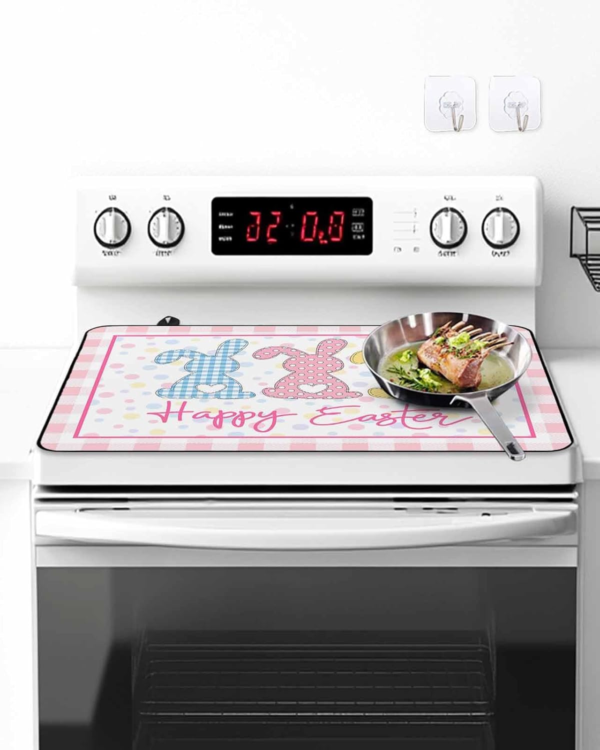 Happy Easter Stove Cover for Electric Stove, Blue Pink Yellow Bunny Cute Rabbits Polka Dots Pink Plaid Stove Top Cover for Glass Top, Heat Insulation Rubber Mat Foldable Cooktop Top Protector, 36"x21"