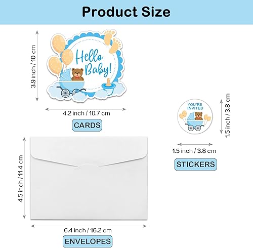 Miniatura 3 de Invitaciones de oso de peluche para baby shower con sobres y calcomanías (juego de 15) invitaciones de relleno en forma de globo de oso azul Hello