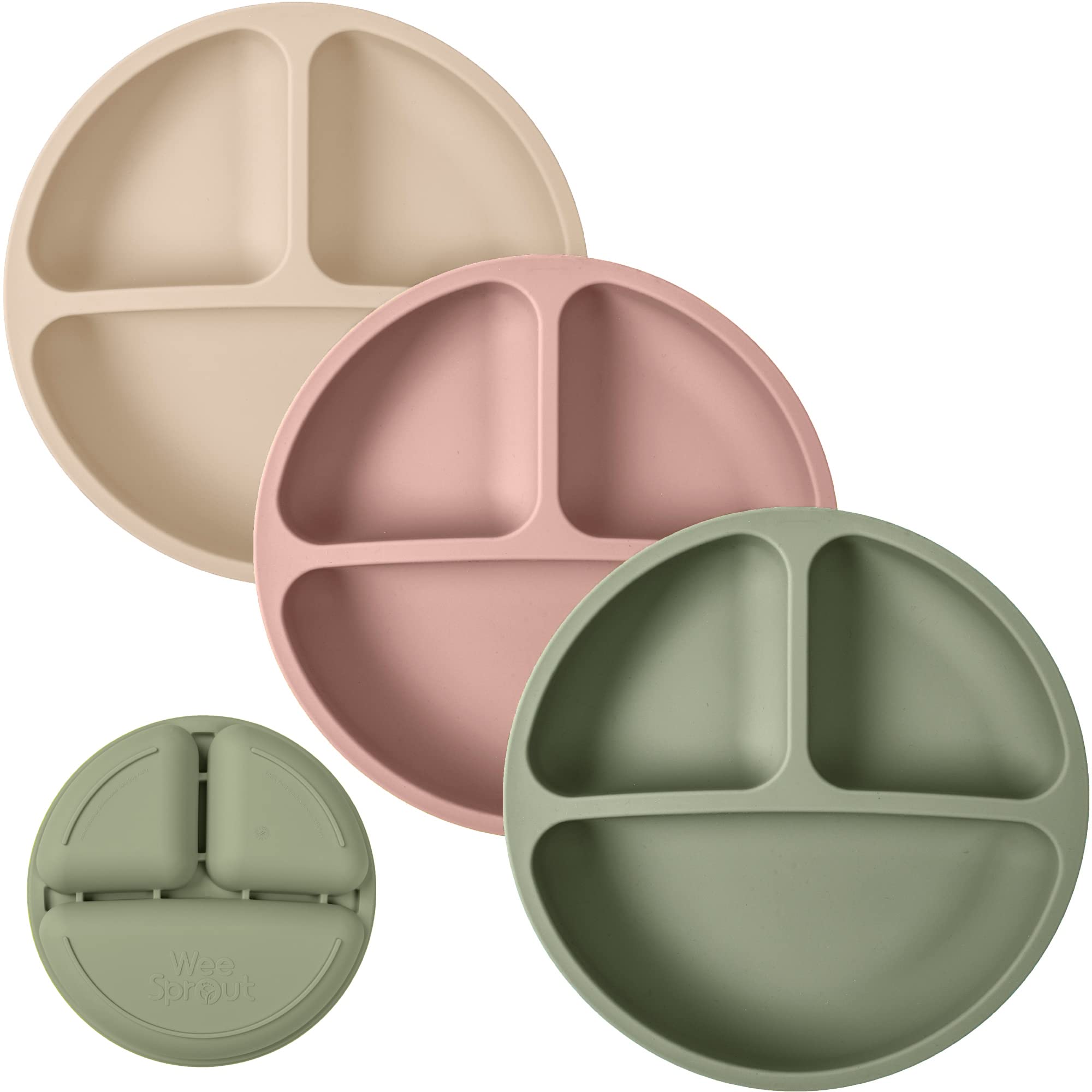 WeeSprout Silicone Plates for Babies &amp; Toddlers (3 Pack) 100% Food-Grade Dishes for Self Feeding, Divided Design &amp; Raised Edges for Picky Eaters, Dishwasher &amp; Microwave Safe Weaning Supplies