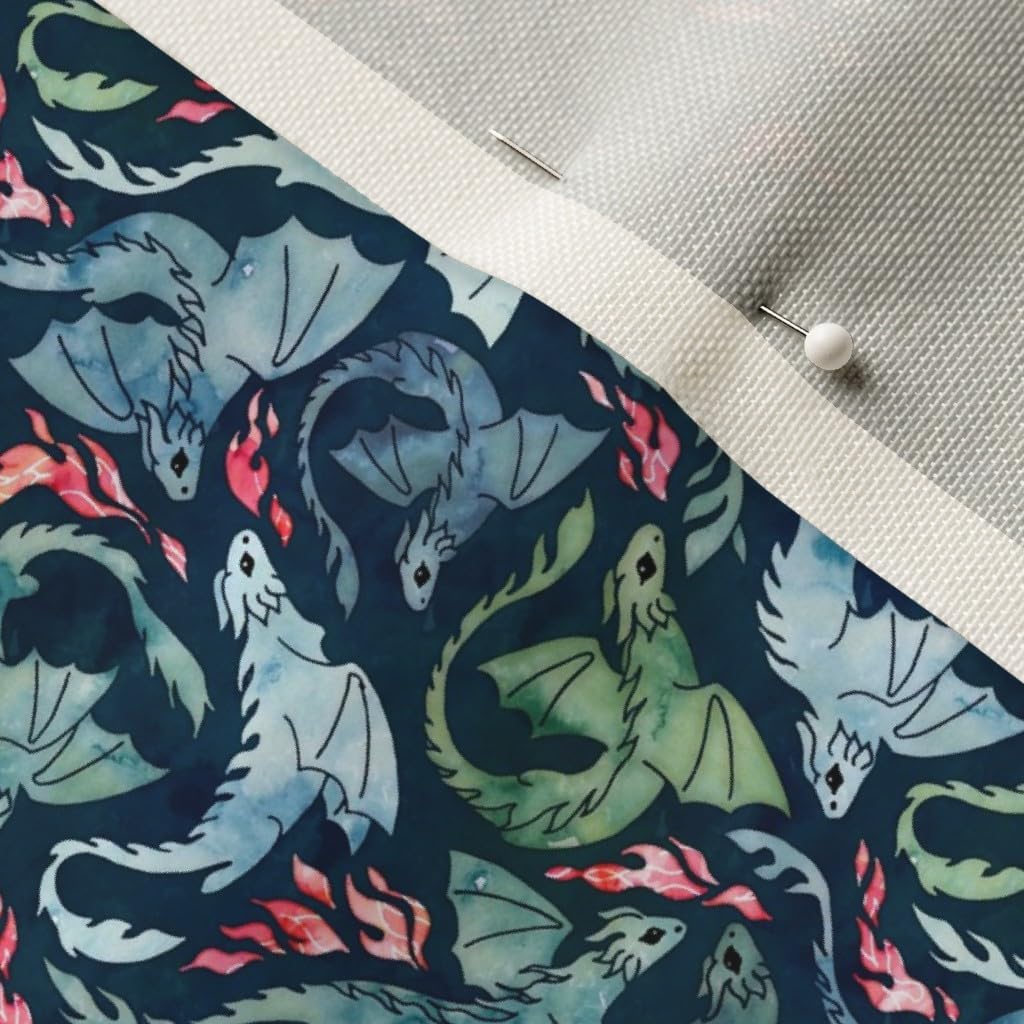 Spoonflower Fabric - Dragon Fire Dark Blue Green Super Small Navy Fantasy Watercolor Printed on Upholstery Velvet Fabric Fat Quarter - Upholstery Home Decor Bottomweight Apparel