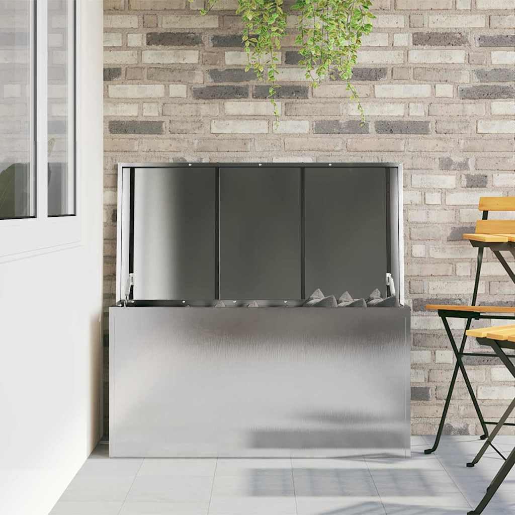 Contenitore metallico per cuscini da giardino, in acciaio, 100 x 50,5 x 50 cm, colore argento, resistente alle intemperie, con sollevamento a gas, salvaspazio, impilabile, versatile, per