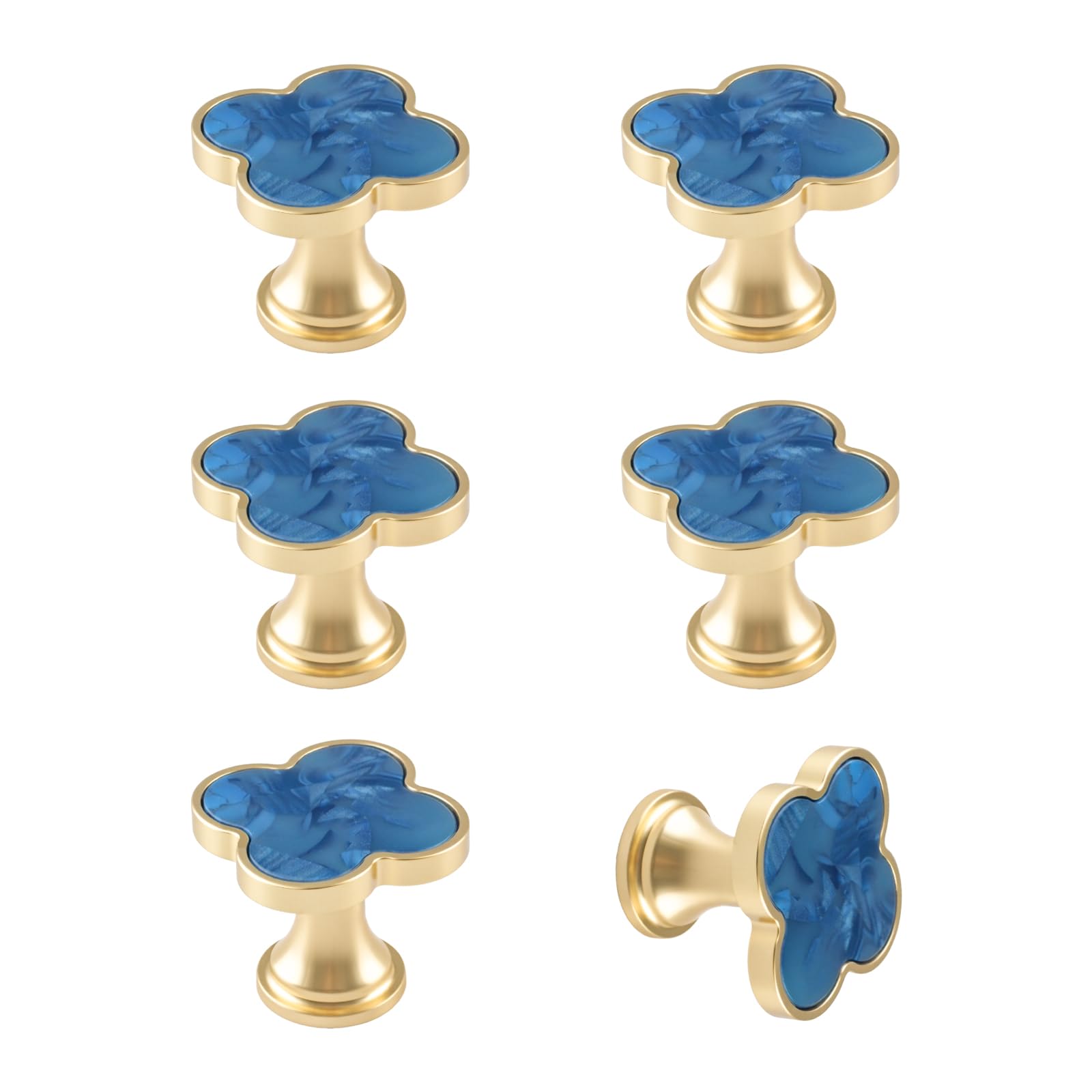 MOROBOR 6 PCS Four-Leaf Clover Handle, Creative Cabinet Drawer Pulls Multifunctional Zinc Alloy Single Hole Knobs for Dresser Wardrobe Furniture Accessories/Gold Base with Blue Surface — image 1