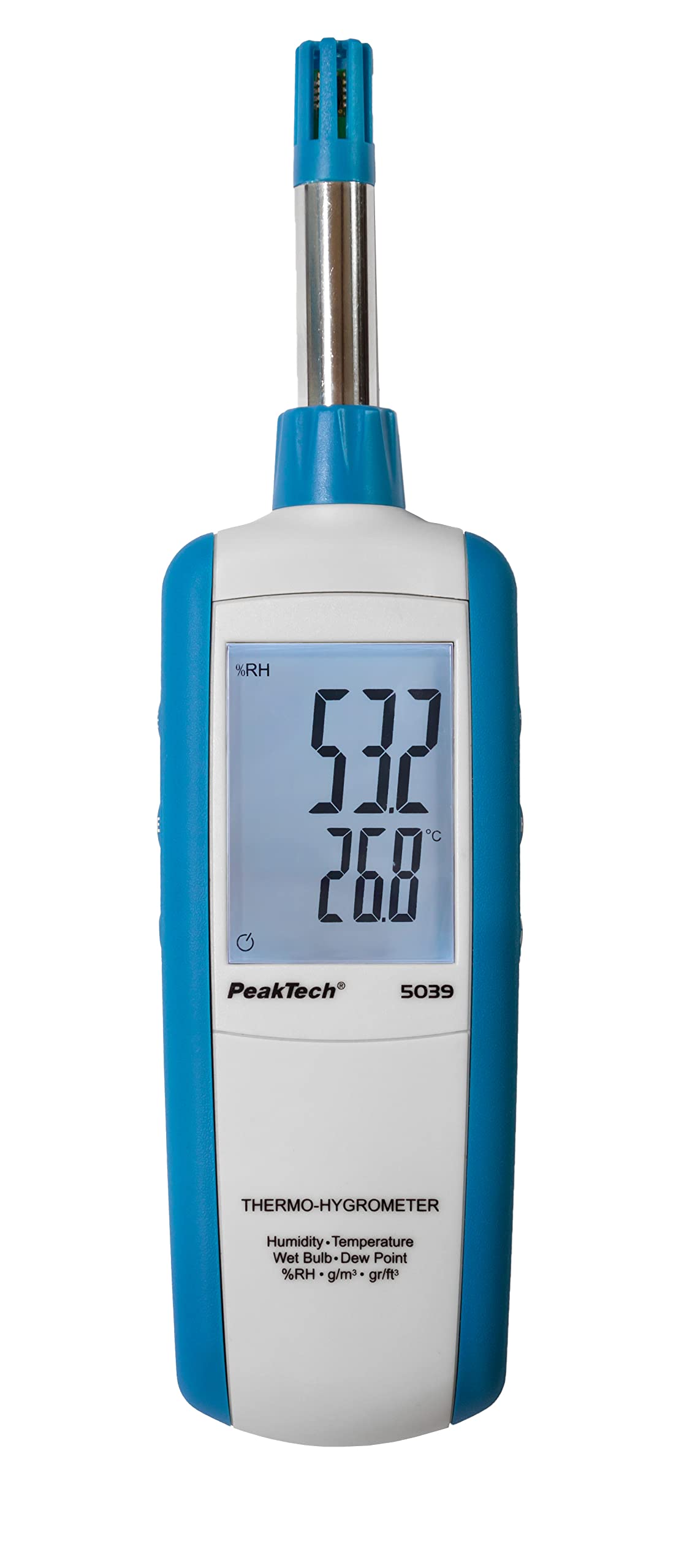 PeakTech, 5039, Medidor profesional de temperatura y humedad ambiente, termohigrómetro, termómetro digital con pantalla LCD como termómetro de ambiente, medidor de temperatura para clima interior