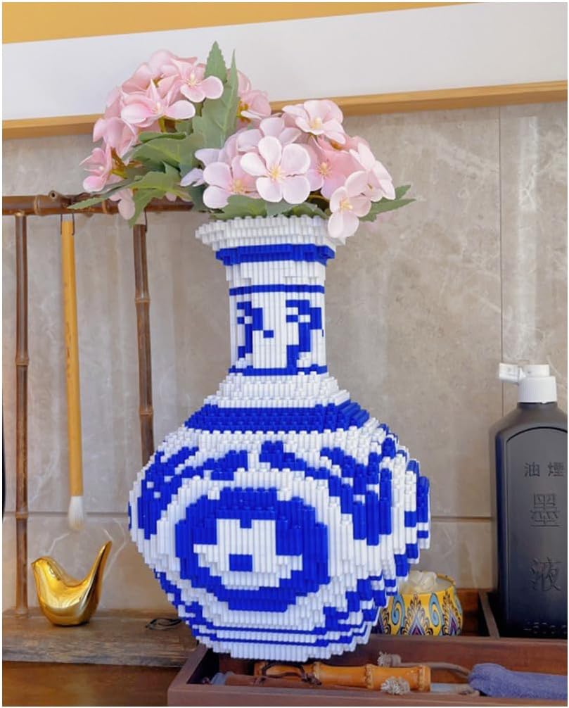 Micro Vase Building Blocks set, Blue & White Ceramic Style 6400PCS (2 sets), Compatible with Lego, 7*7*11″ Creative Flower Building Kit for Home Decor, STEM Birthday Gift for Adults and kids Age 14+