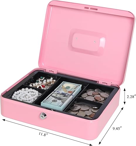 Miniatura 2 de Jssmst Caja grande con cerradura de llave, caja de metal duradera con bandeja para dinero, 11.81 x 9.84 x 3.46 pulgadas (XL, rosa)