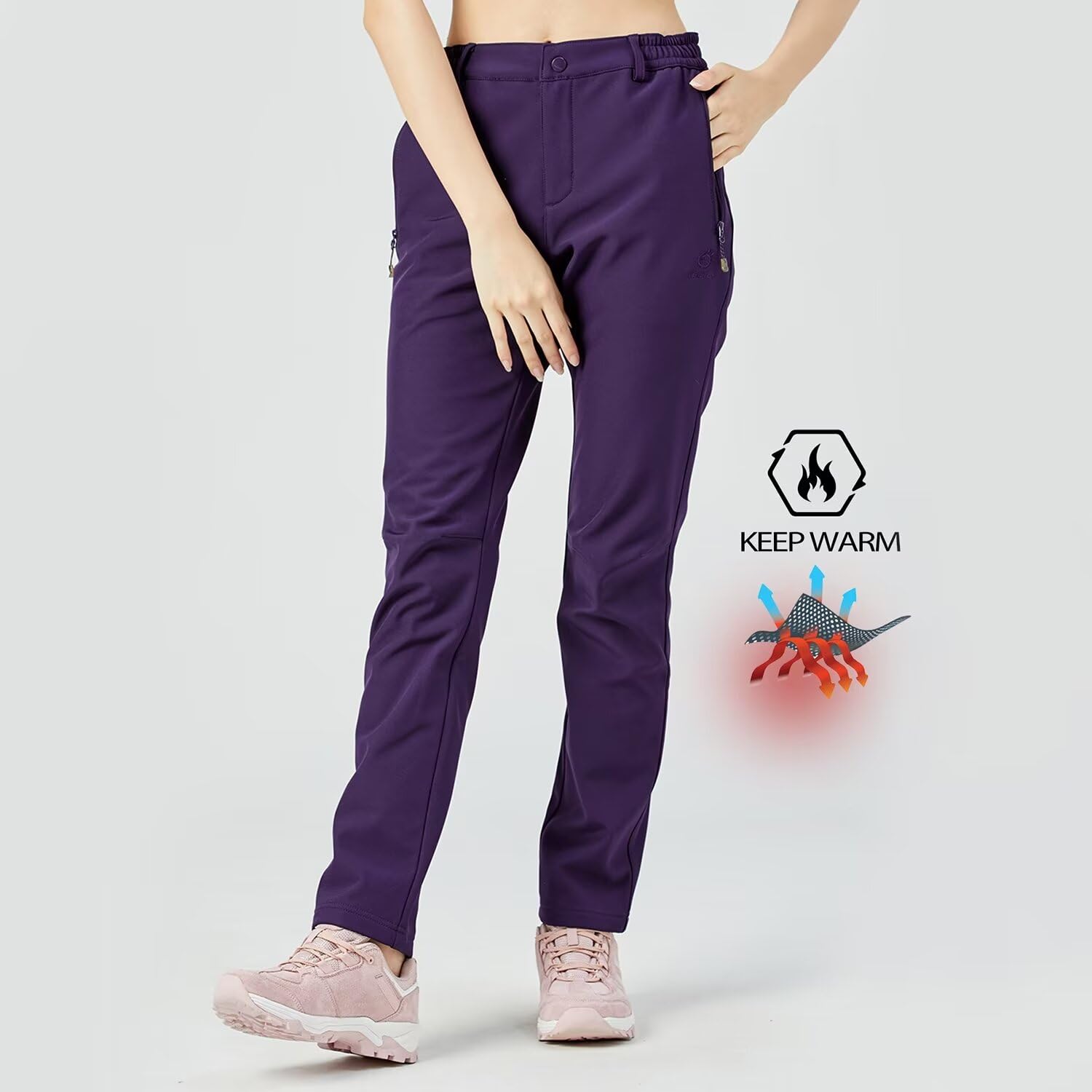 tectop Women's Waterproof Hiking Slim Fit Pants with Fleece Lining for Winter, Snow, Ski, and Board - Soft Shell Pants PW7610 Purple L