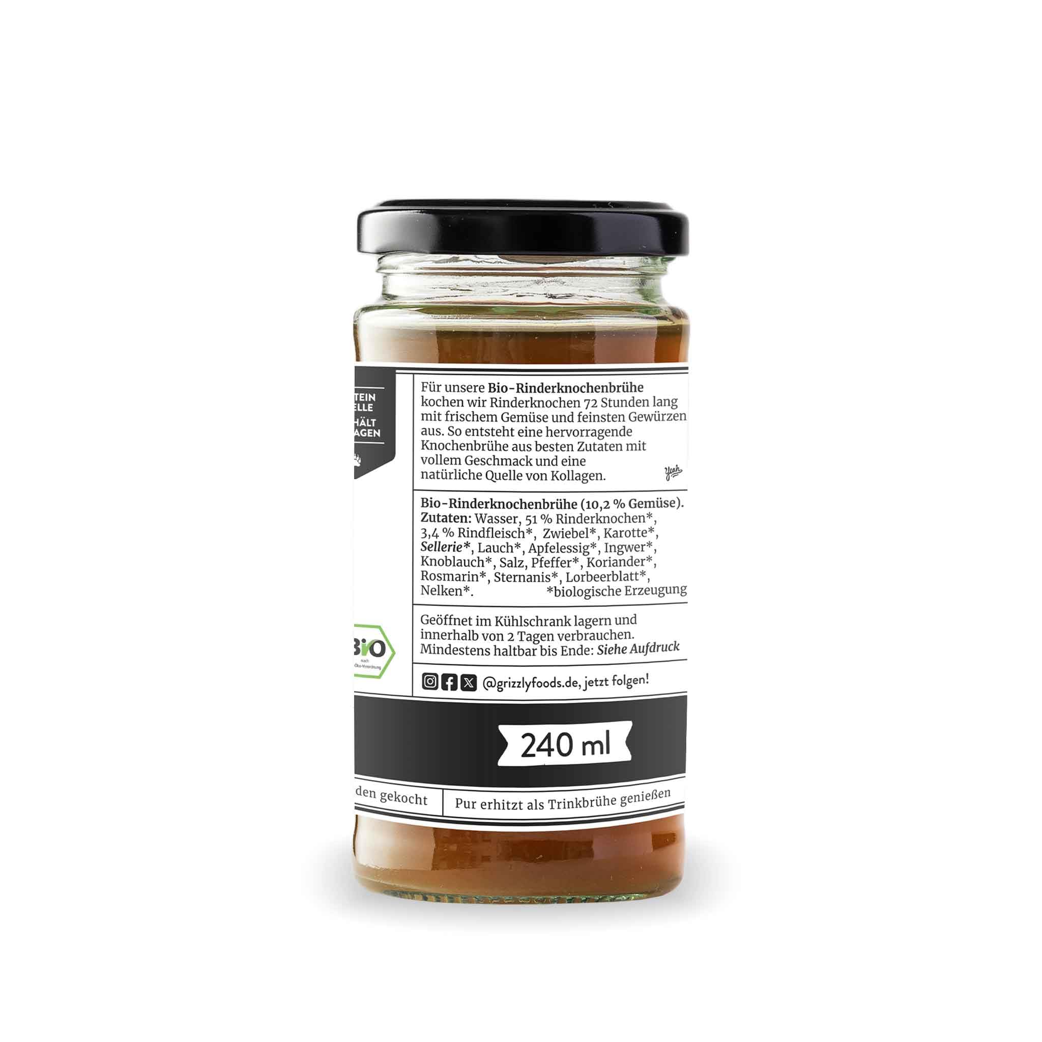 Grizzly Foods • BIO Rinderknochenbrühe (6 x 240ml) • 16g Kollagen pro Glas • 72 Stunden lang gekocht • 100% natürlich • Ohne Zucker, ohne Zusätze • Wertvolle Nährstoffe • Bone Broth • Knochenbrühe