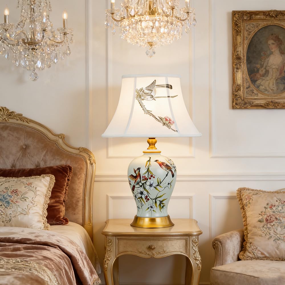 Lampada Da Scrivania Vintage In Ceramica E Tessuto | Con Paralume In Lino, Base Gialla, Attacco E27, Senza Lampadina - 2