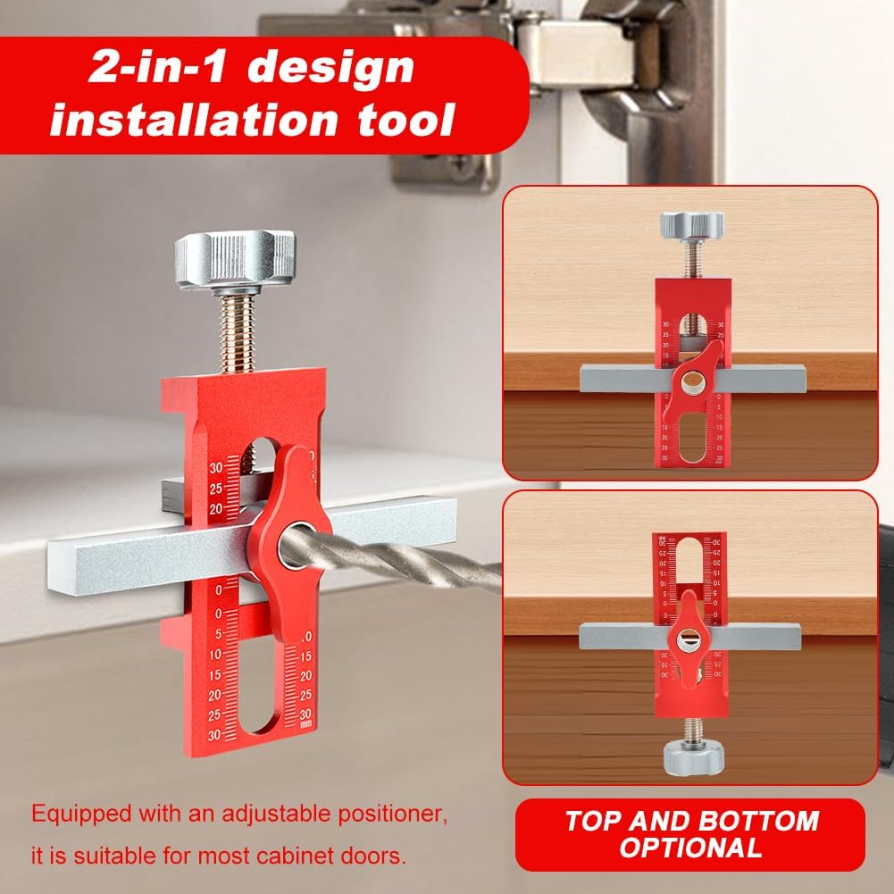 Cabinet Door Installation Jig, 2-in-1 Aluminium Alloy Cabinet Hardware Jig with Adjustable Positioner, Bag＆3 Drill Bits for Installing Frameless or Face Frame Cabine-t Doors