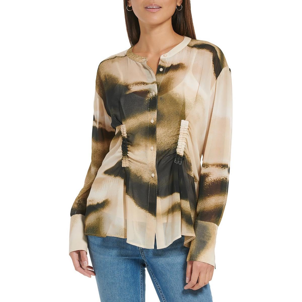 Calvin Klein Blusa transparente con botones para mujer