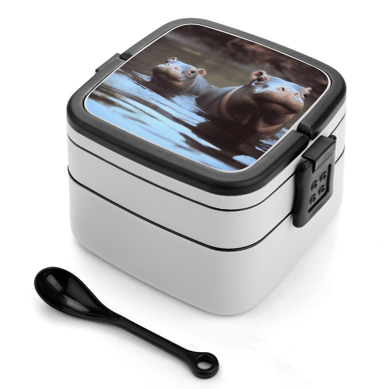 VstaDank Hippos Bento Box Portable Adult Lunch Box with 2 Layer&Spoon Reusable Insulated Lunchbox Large Food Containers Leak Proof Lunch Containers for Work Camping Meal Prep