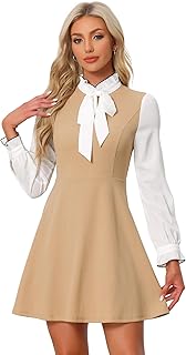Tie Neck Dresses for Women's 1960s Vintage Long Sleeve Contrast Color Dress - Buy now