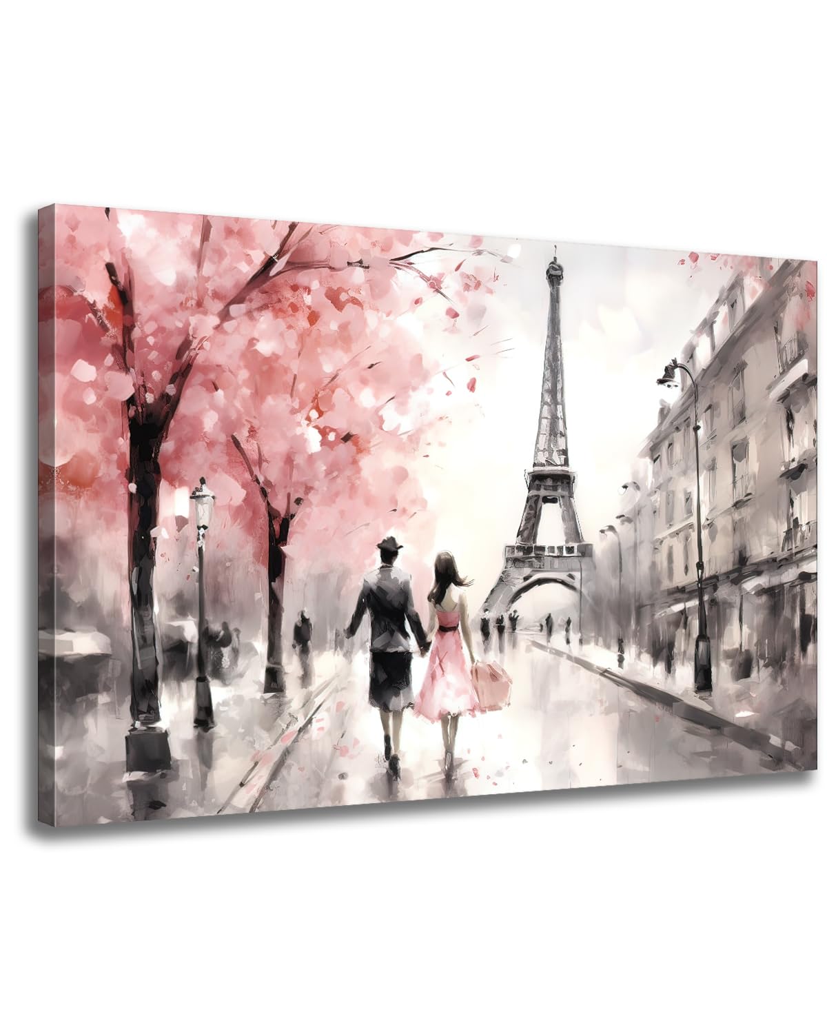 GLOKAKA Paris Eiffel Tower Wall Decor Black White and Pink Tree Couple in Street Eiffel Tower Oil Painting Canvas Contemporary Wall Art for Girls Bedroom Home Wall Decoration โ image 1