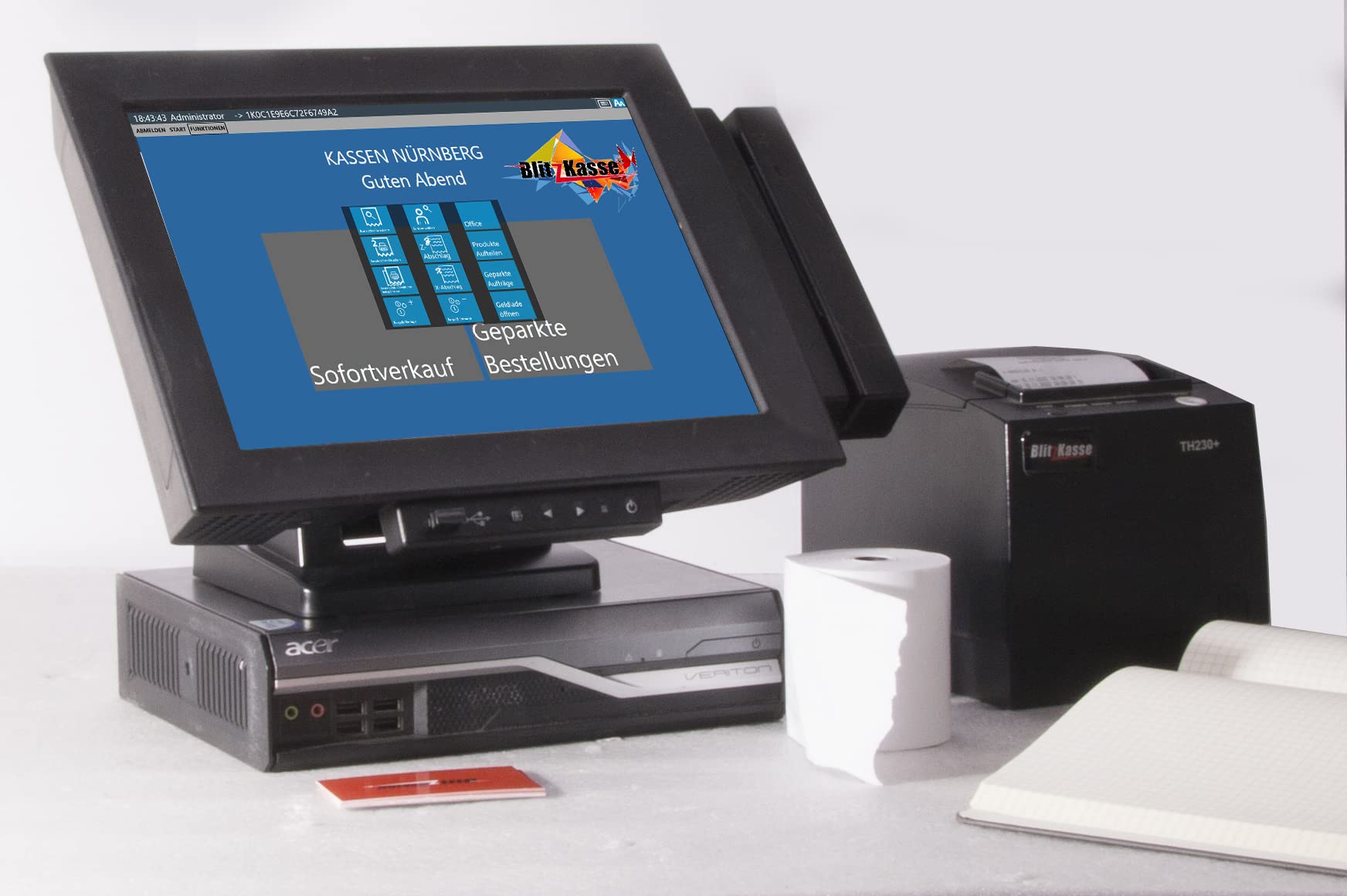 12" Kassensystem für Einzelhandel & Imbiss – Touchscreen mit BlitzKasse Handel Software, TSE-konform (TSE-Modul erforderlich), integriertes Zeitungsmodul