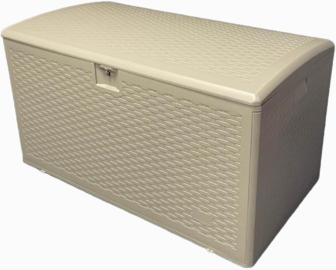 73 gal Brown Resin Deck Box, Outdoor Storage Box with Lockable Lid & Weatherproof Design, Extra Large Patio Storage Container for Garden Tools, Pool Toys, Furniture Cushions, White