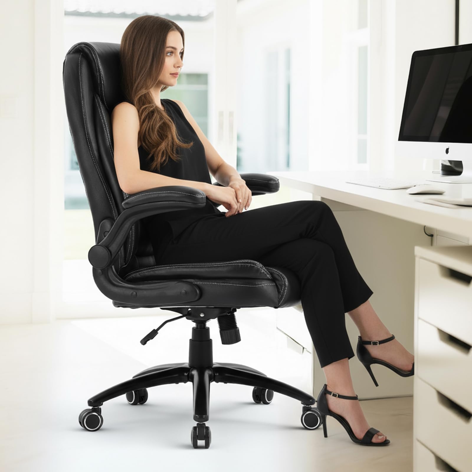 COLAMY Ergonomischer Bürostuhl, Office Bürostuhl Ergonomisch, 360° Drehung Chefsessel Schreibtischstuhl mit Hochklappbaren Armlehnen, Verstellbarer Rückenlehne, Höhe & Kippspannung, Schwarz