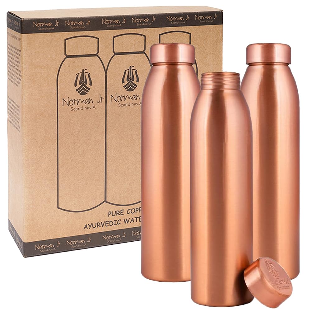 Norman Jr Plain Copper Water Bottle 1L - Gift Box Of 3, An Ayurvedic Vessel Made Of Pure Copper - Helps You Drink More Water With Many Health Benefits