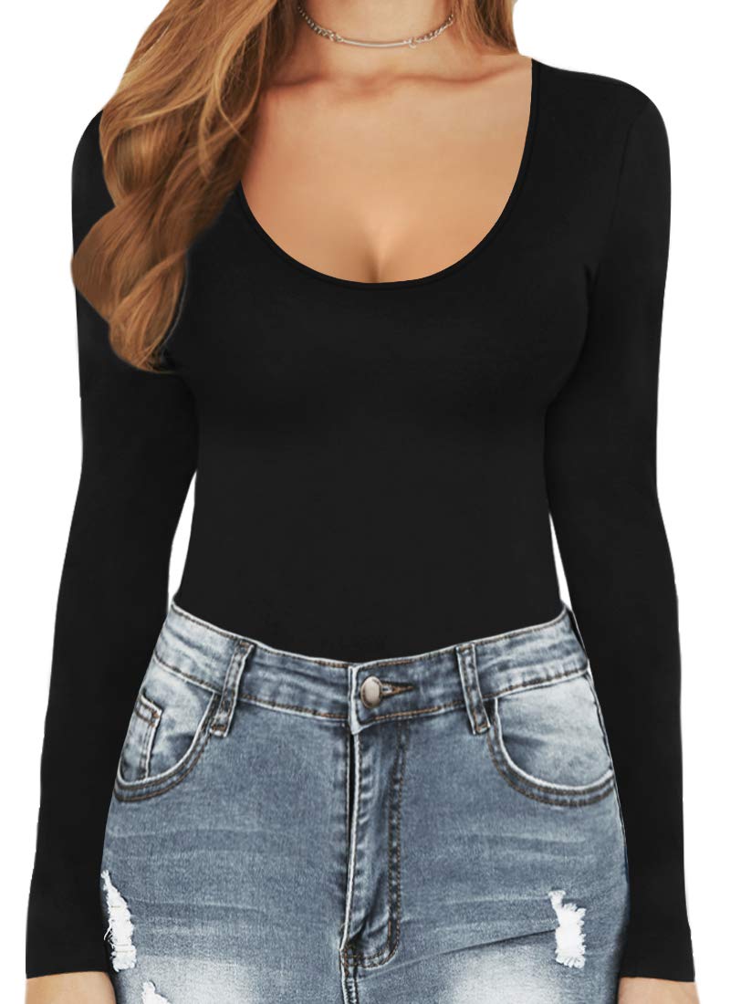 MANGOPOP Women's Scoop Neck Short Sleeve Long Sleeve Stretchy Basic Bodysuit Jumpsuits