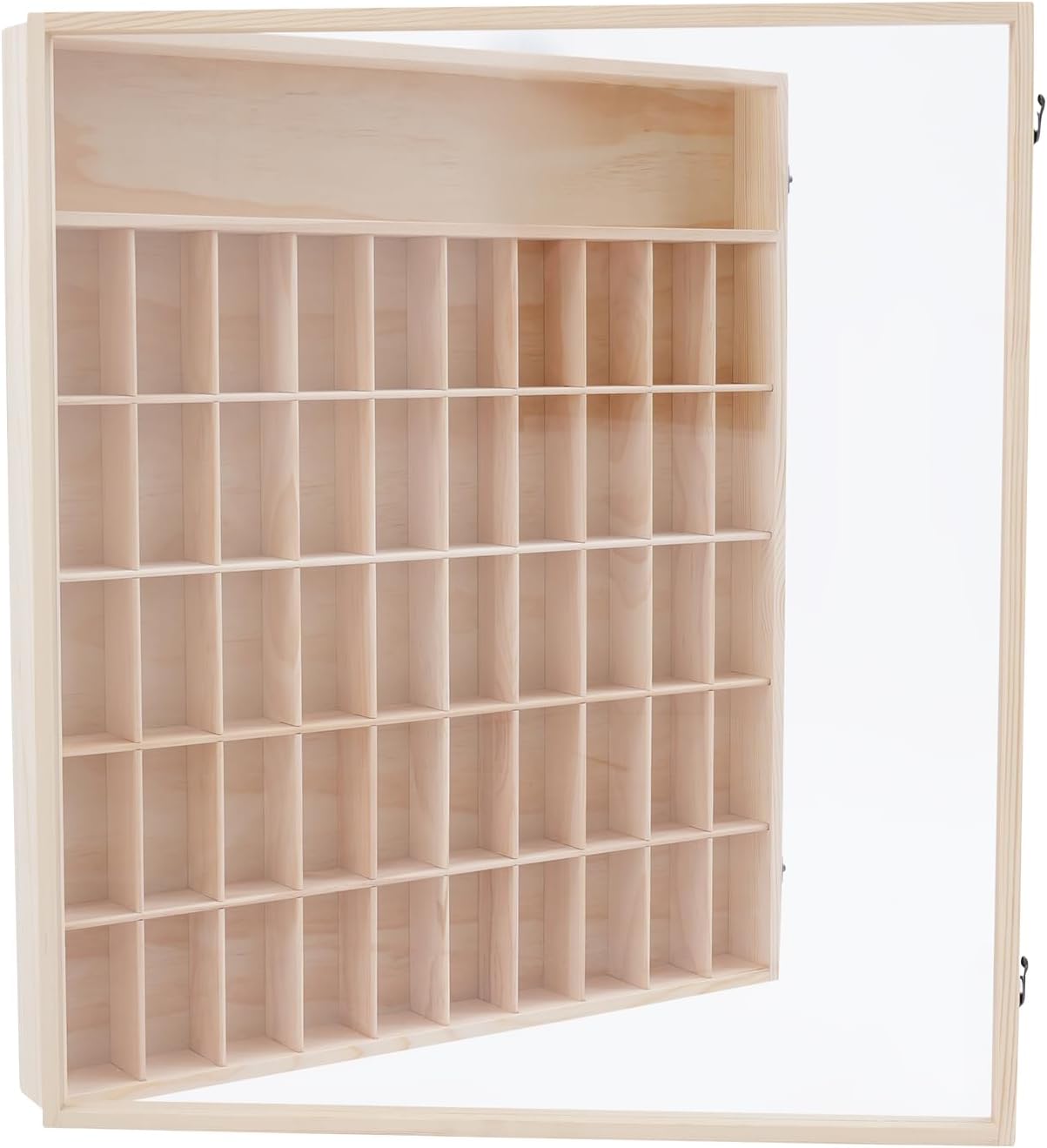 50 Compartments Wooden Display Case Wall Mount Miniature Display Case Wood Collectibles Display Shelf Box with Clear Door Wall Shadow Box for Collectibles Mini Dolls Small Rocks- 23.5 x 24.6 inch