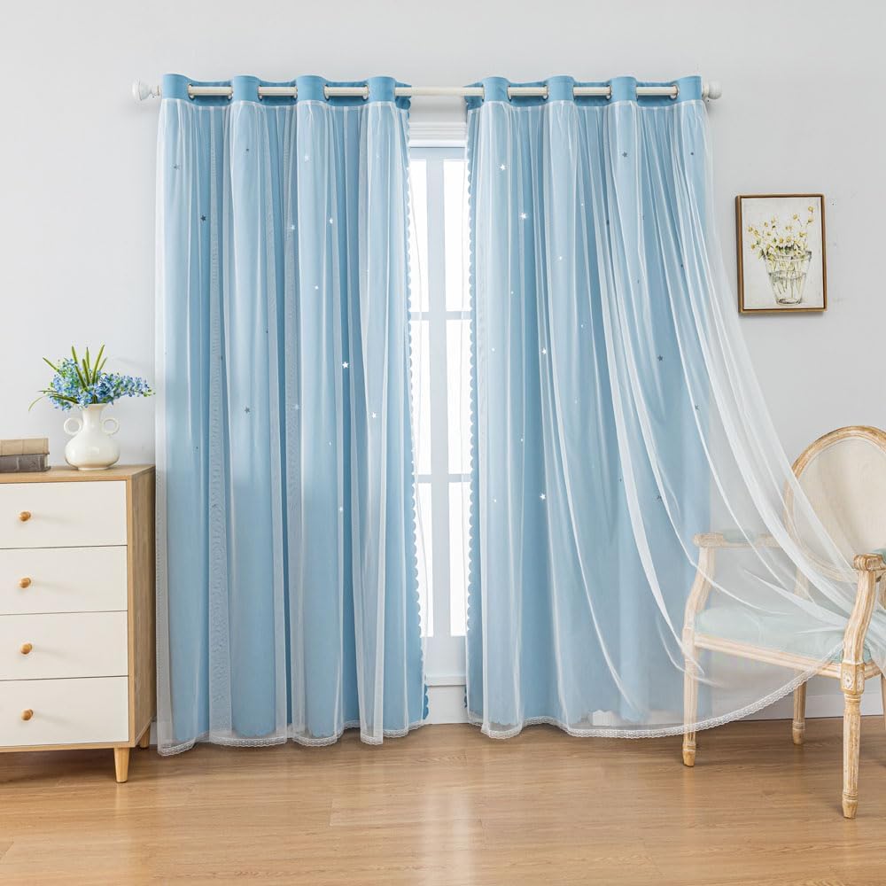 Ombre Rainbow Blackout Curtains for Kid Girls Bedroom Living Room Darking Stripe Double Layer Star Cut Out Wall Home Decor Gradient Grommet Window Curtains (Blue 52W x 84L)